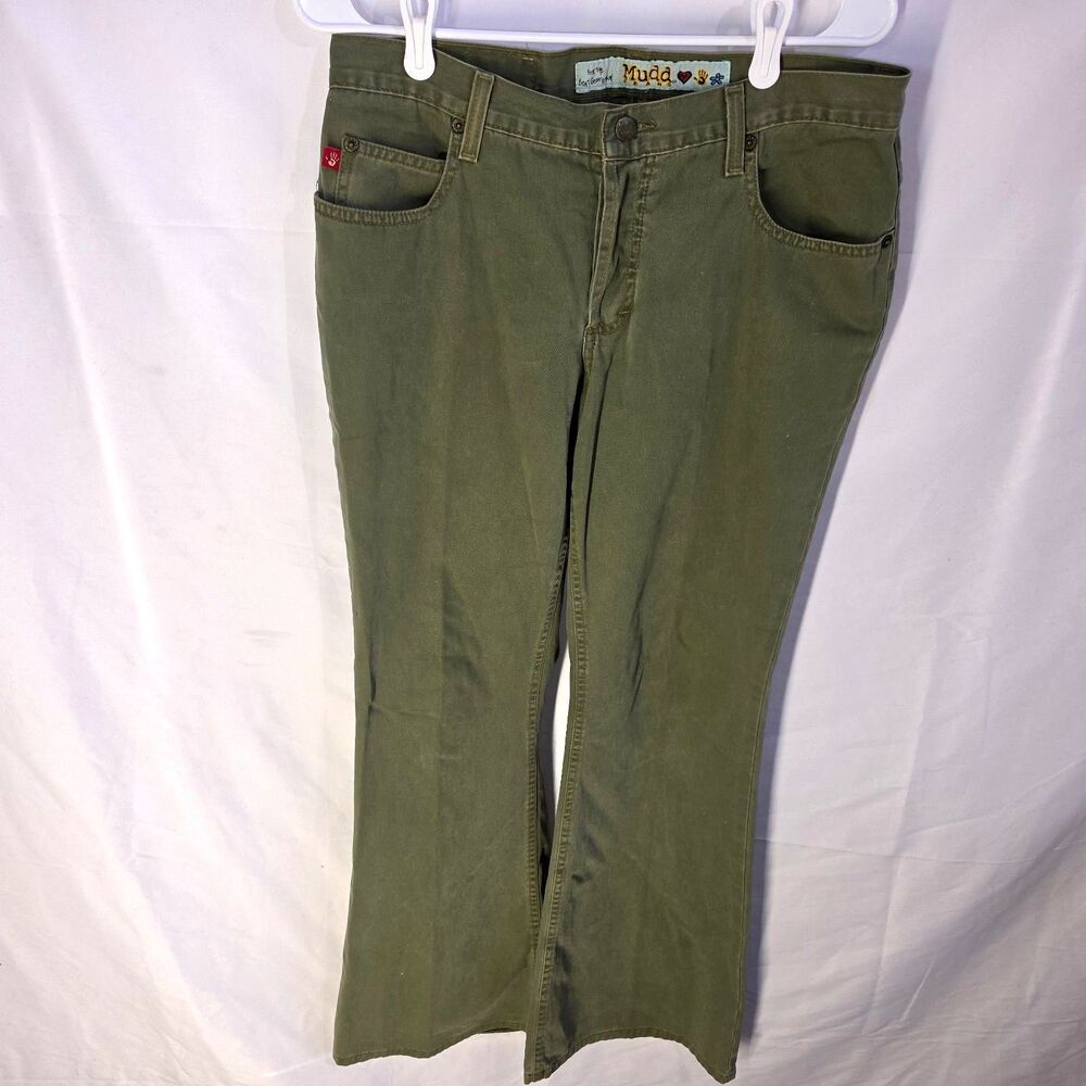 Vintage 90s Mudd Jeans Olive Green Flare Low Rise Handprint Twill Pants 11 Y2K